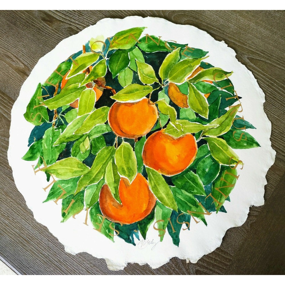 Seville Florida Orange Grove Fruit Painting Round Textured Paper Gold Wording